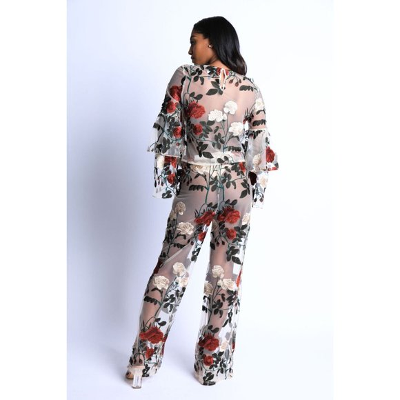 Women's Rose embroidered Outfit Casual Set Flared Long Sleeve 2 Piece Set - Picture 9 of 12